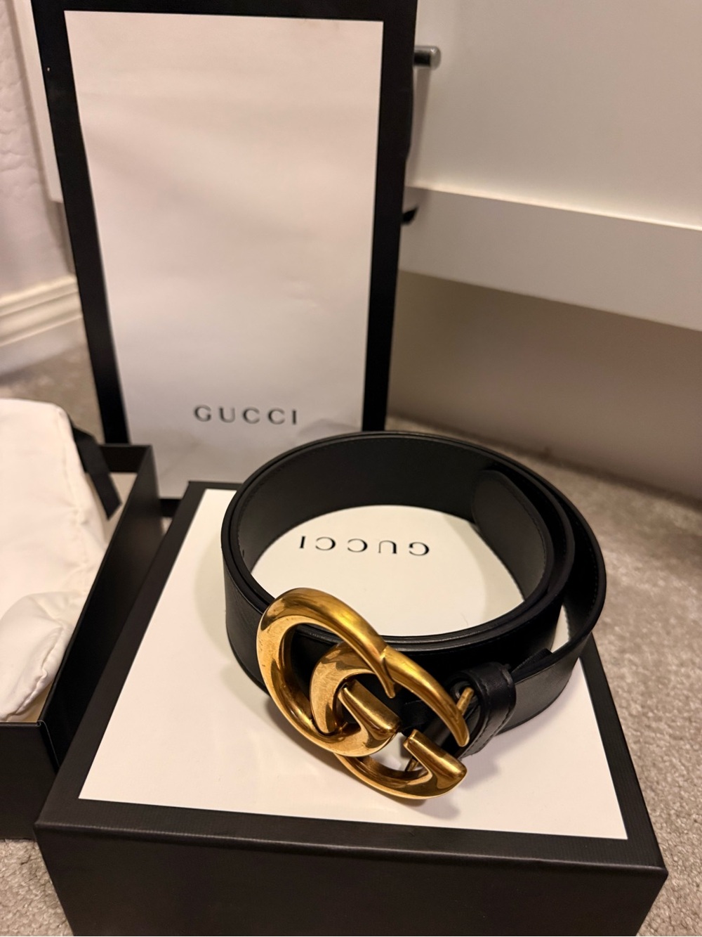 Gucci Double G Gold Buckle Black Leather Belt - Picture 5 of 10